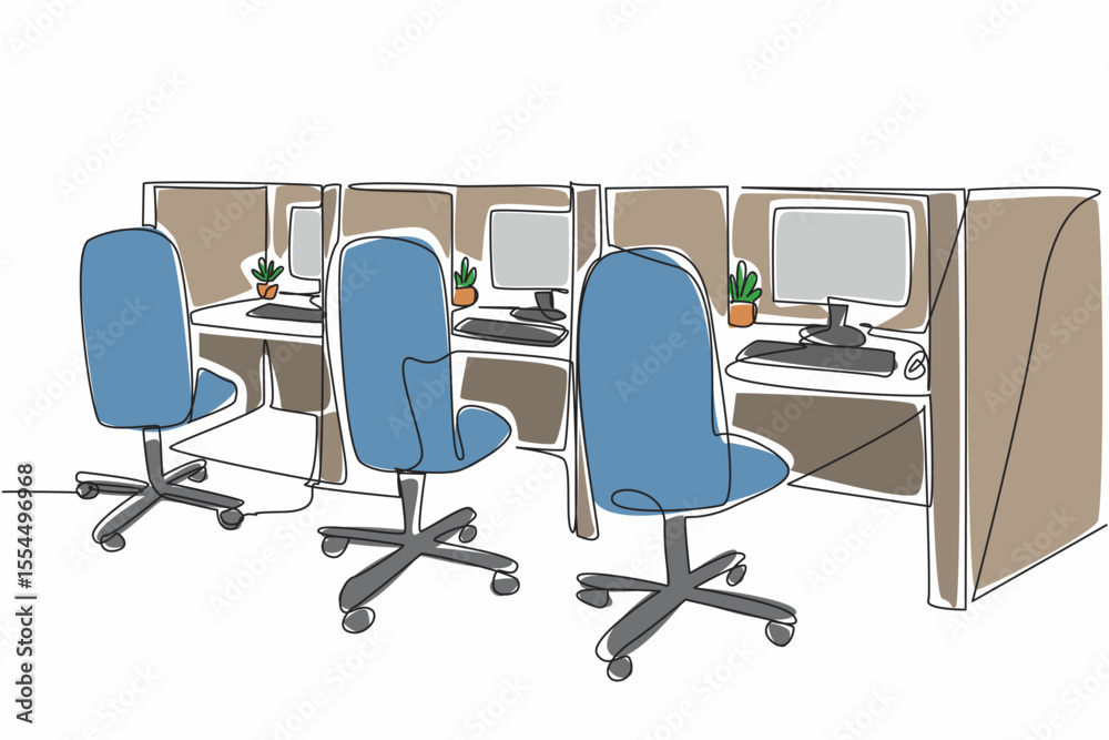 Poster continuous one line drawing cubicle office with 3 boxes in a row. design the room as for operators. 