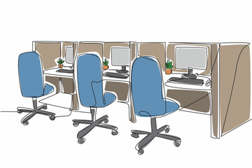 Continuous one line drawing cubicle office with 3 boxes in a row. Design the room as for operators. Comfort while working is priority. National Cubicle Day. Single line draw design vector illustration