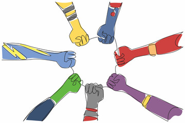 Single one line drawing some superhero hands of various variations and colors. Seven heroes present ready to help humans. Defender. National Superhero Day. Continuous line design graphic illustration