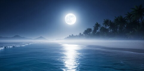 Moonlit Tropical Beach with Calm Waves and Palm Trees