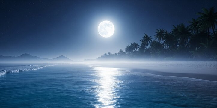Moonlit Tropical Beach with Calm Waves and Palm Trees - Powered by Adobe