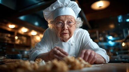 An older, skilled chef examines her pastry creation in a bustling kitchen, showcasing expertise and passion for baking in a warm and inviting atmosphere.