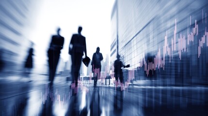 Business people walking in a city with financial data overlayed on building.