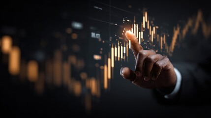 Hand touches stock market chart interface financial data analysis on a dark background.
