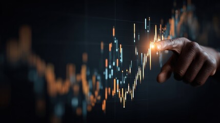 Hand interacts with glowing digital graph on a dark background.