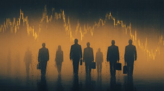 Silhouetted business people with briefcases stand before a financial graph decline. - Powered by Adobe