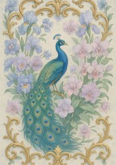Obraz premium Elegant peacock amidst floral beauty.
