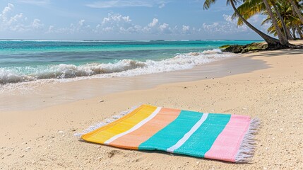 Fototapeta premium A vibrant beach towel laid on golden sand with turquoise waves crashing in the background, palm trees swaying gently