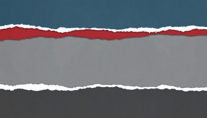 Abstract design featuring layered, torn paper in blue, red, gray, and black, with a rough edge.
