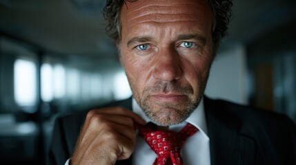 A serious middle-aged businessman adjusting his tie while looking intently at the camera, epitomizing professionalism and the weight of corporate responsibilities.