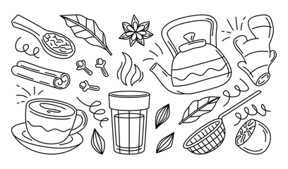 Masala Chai Ingredients Line Art Illustration