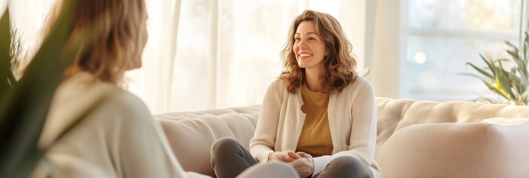 Smiling woman finding stress relief during therapy session with psychologist, sitting on comfortable sofa in bright and cozy living room, managing anger and improving time management skills