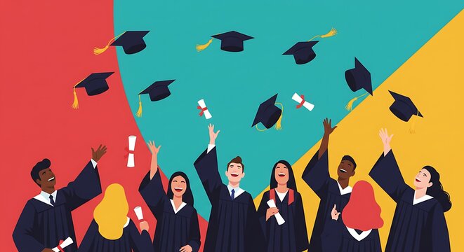 A diverse group of joyful graduates in caps and gowns toss their hats and diplomas into the air, celebrating their academic achievement against a colorful background.