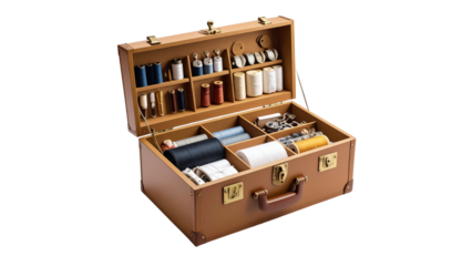 An antique cash register sits atop an open, vintage wooden box, resembling a retro travel trunk