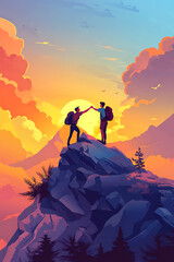 Two hikers share a moment on a mountain peak at sunset, surrounded by vibrant clouds and nature