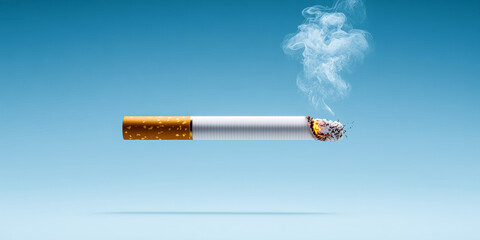 Minimalist product photo of a single, perfectly straight cigarette, floating horizontally on a clean sky blue background.