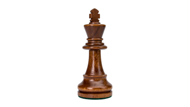 Black wooden chess pieces, including the king, queen, bishop, and pawn, are isolated on a white background, highlighting the strategic game