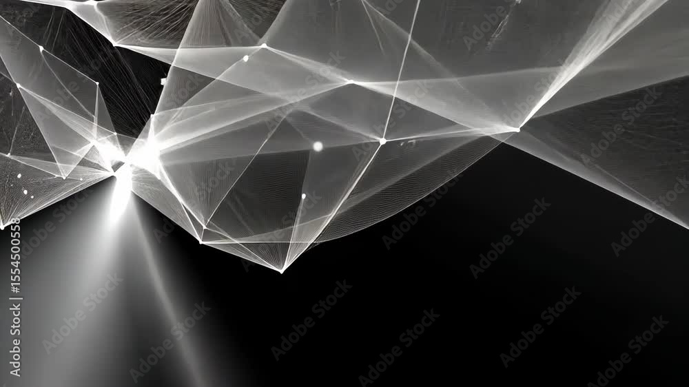 Poster abstract visualization of a glowing data stream tunnel with white particles and motion blur effects,