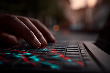 Hands Typing on Illuminated Cyberpunk Keyboard