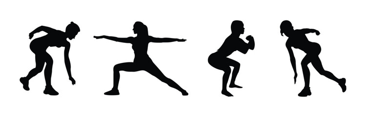 fitness silhouette of woman. Yoga poses silhouettes fitness wellness exercise. Various Yoga Poses Silhouettes Collection for Fitness, vector illustration.