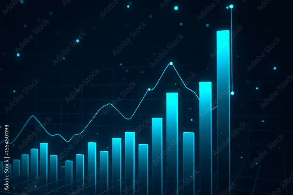 Wall mural data visualization with blue bar graph and line chart on dark background, representing growth trends