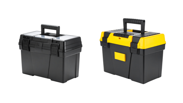 A battery charger is isolated on a white background, next to a black and yellow closed plastic toolbox with a handle, indicating essential work equipment