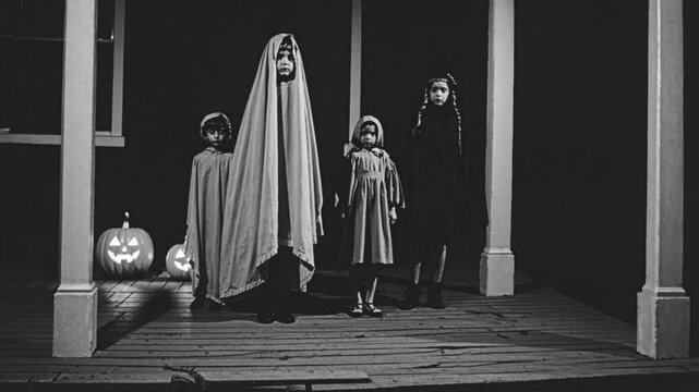 Black-and-white retro Halloween scene of children in ghost costumes trick-or-treating at night, evoking nostalgic memories, traditional spooky folklore, vintage dress-up culture