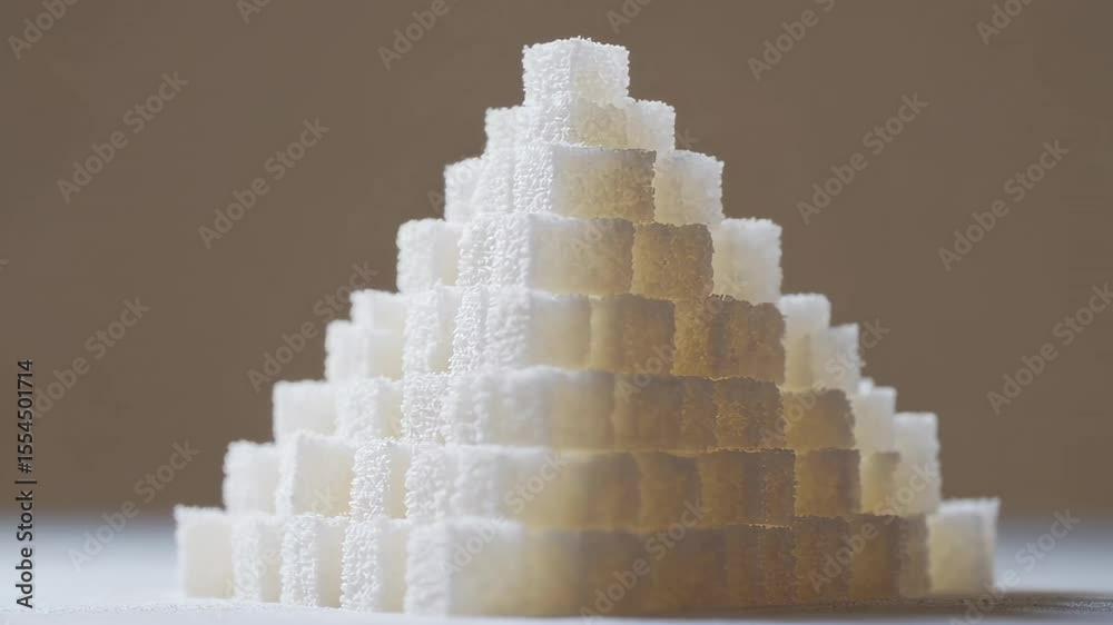 Poster white sugar cubes form a perfect pyramid shape, slowly rotating on a pristine white background, high