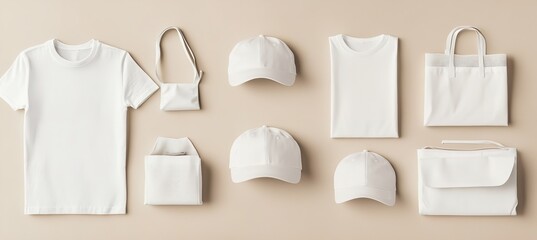 3D Render of White T-Shirts, Caps, Blank Tote Bags, and Minimalist Grey Travel Accessories on Neutral Beige Background with Space for Custom Design
