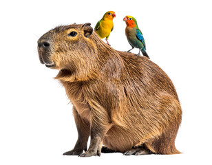 Obraz premium Capybara Sitting Calmly with Birds Perched on Its Back, isolated on a transparent background