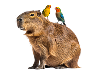 Capybara Sitting Calmly with Birds Perched on Its Back, isolated on a transparent background