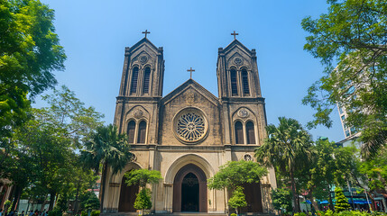 Illustration of St. Joseph Cathedral in Hanoi, Vietnam. Illustration of popular places in the world.