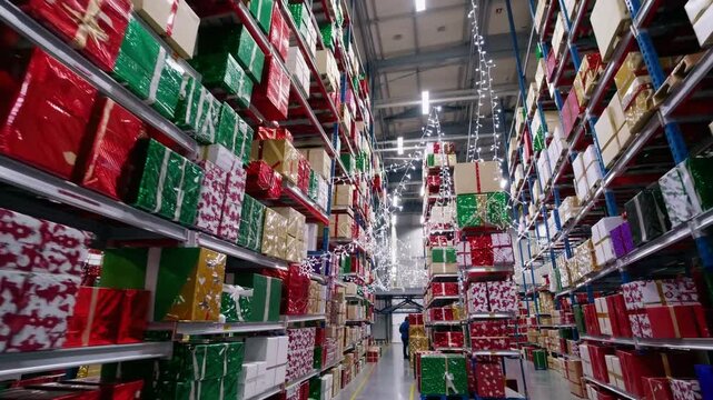 Colorful rows of products and decorations in a wholesale retail warehouse, highlighting bulk shopping, seasonal holiday inventory, consumerism, supply chain logistics, retail economy, and holiday prep