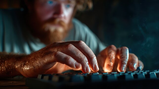 A close-up of a focused individual intensely typing on a keyboard in a dimly lit environment, capturing the essence of dedication, passion, and the modern digital lifestyle.