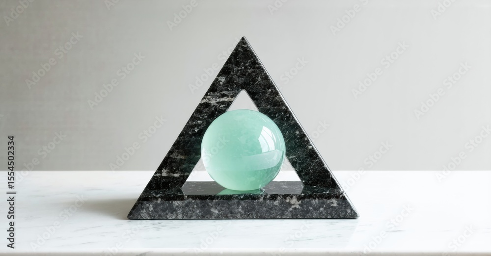 Poster stone triangle supports translucent sphere. minimalist composition, neutral tones, clean lines, simp