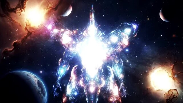 Galactic cosmic entity radiates energy surrounded by stars and planets, seamless looping time-lapse 4k video background