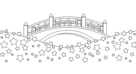 Simple line art of a curved bridge with stars falling isolated on transparent background
