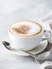 A frothy cappuccino in a wide cup, cinnamon dusting,