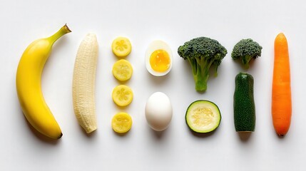 Colorful Knolling of Fresh Fruits and Vegetables on White Background