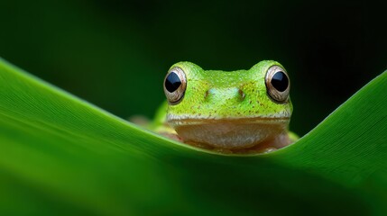 Bright Green Tree Frog Peeks Over a Vibrant Leaf in Macro Lighting