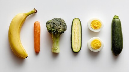 Knolling Arrangement of Fruits and Vegetables on a White Background