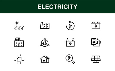 Electricity Icon Set in Vector Style Featuring Energy, Power, Voltage, Battery, and Electrical Components