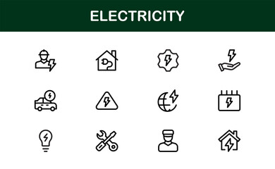 Electricity Icon Set in Vector Style Featuring Energy, Power, Voltage, Battery, and Electrical Components
