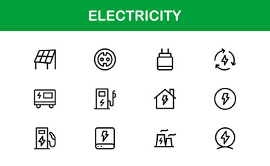 Electricity Icon Set in Vector Style Featuring Energy, Power, Voltage, Battery, and Electrical Components