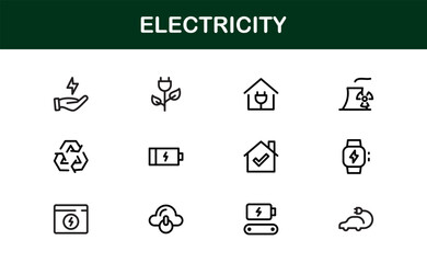 Electricity Icon Set in Vector Style Featuring Energy, Power, Voltage, Battery, and Electrical Components