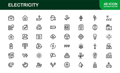 Electricity Icon Set in Vector Style Featuring Energy, Power, Voltage, Battery, and Electrical Components