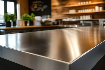 Fototapeta premium Close-Up of Stainless Steel Countertop in Modern Restaurant Kitchen with Spacious Interior and Warm Wood Accents
