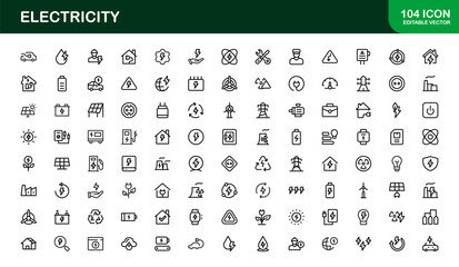 Electricity Icon Set in Vector Style Featuring Energy, Power, Voltage, Battery, and Electrical Components