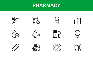 Vector Pharmacy Icon Set Featuring Medical Symbols, Pills, Prescriptions, and Healthcare Elements
