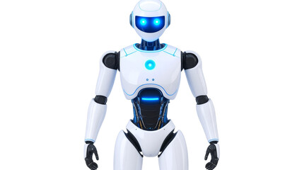 Sleek humanoid robot with glowing blue eyes standing in a neon isolated on white background
